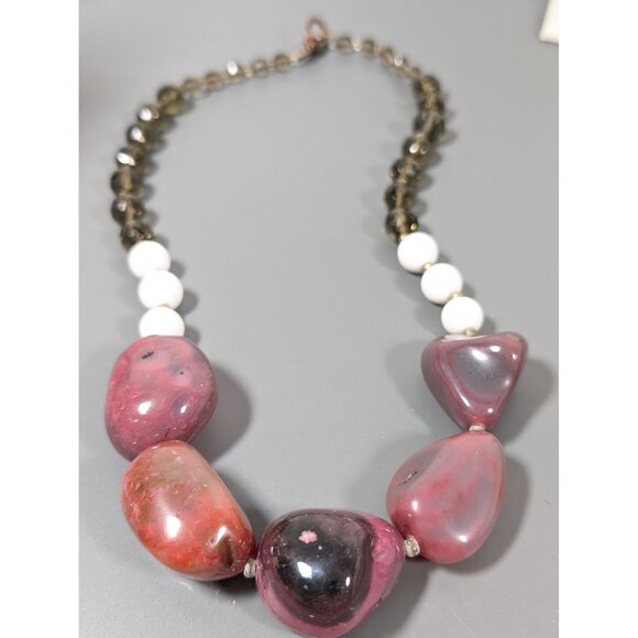 Boho Pink Agate Smokey Faceted Glass Chunky Statement Necklace 25" - Picture 2 of 12